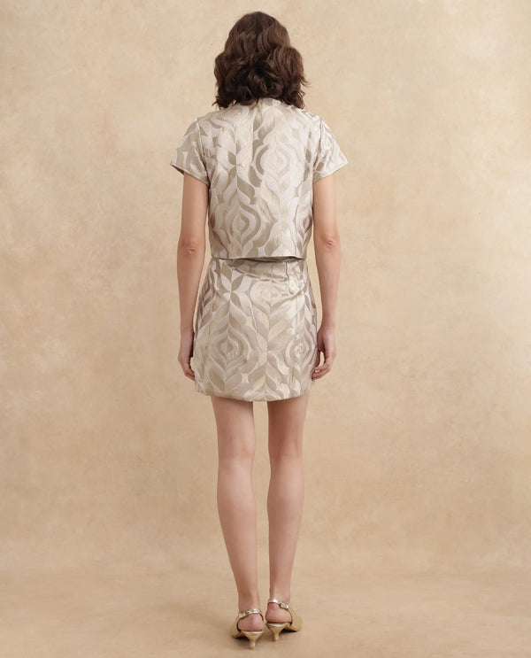 Rareism Women Vegor-B Metalic Gold Zipper Closure Regular Fit Mini Jacquard Skirt