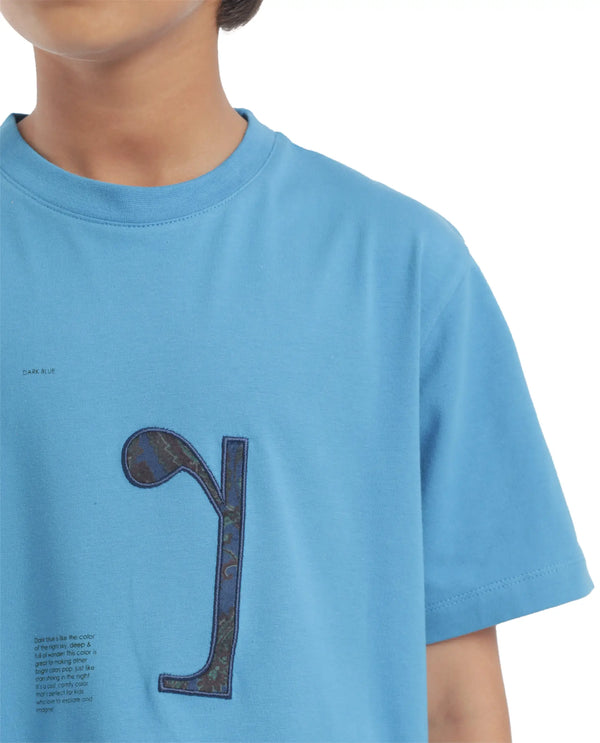 Rare Ones Kids Vel Blue Cotton Half Sleeves Crew Neck Embroidered Print T-Shirt