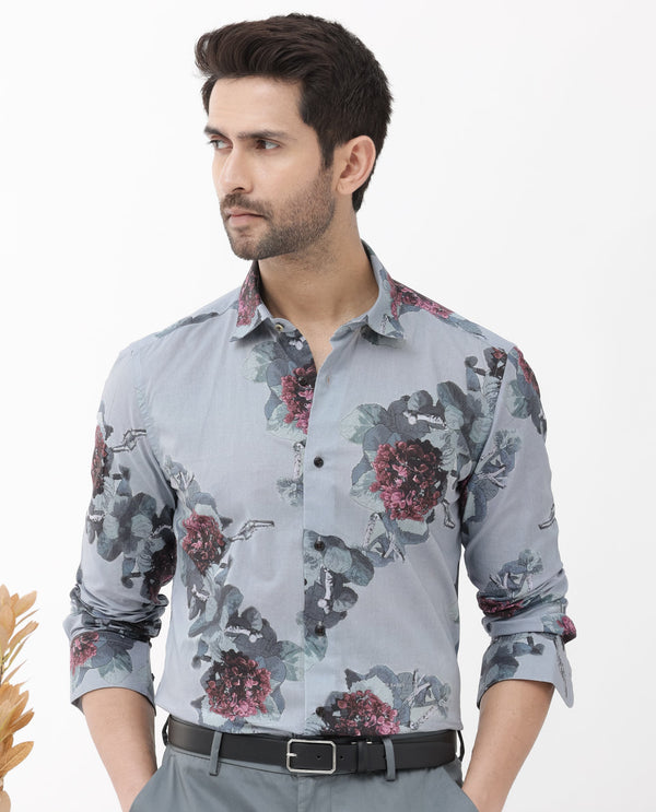 Rare Rabbit Mens Velem Grey Viscose Fabric Full Sleeve Regular Fit Floral Print Shirt