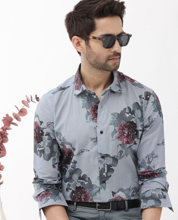 Rare Rabbit Mens Velem Grey Viscose Fabric Full Sleeve Regular Fit Floral Print Shirt