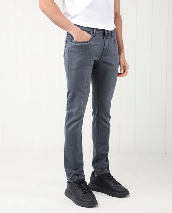 Rare Rabbit Men's Velles Dark Grey Mid Wash Mid-Rise Slim Fit Jeans