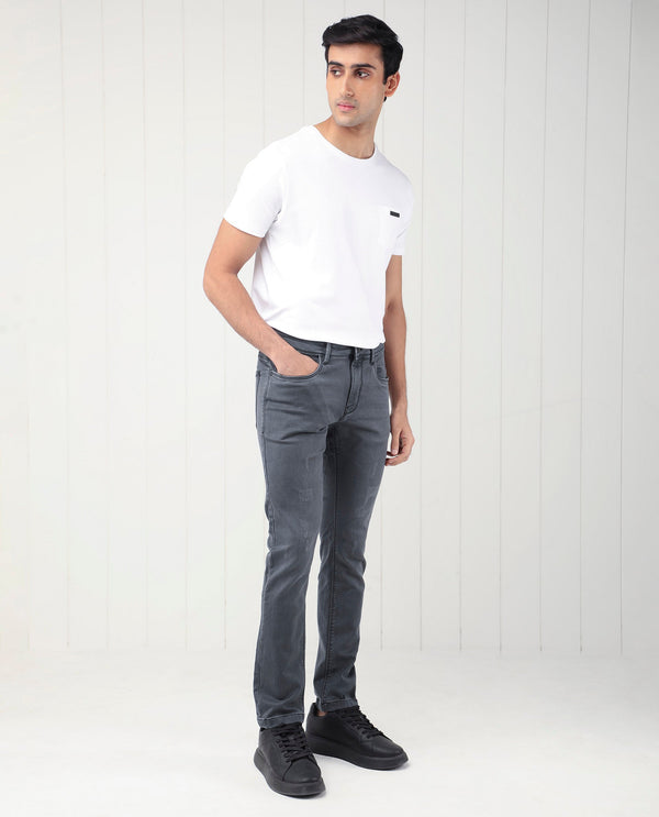 Rare Rabbit Men's Velles Dark Grey Mid Wash Mid-Rise Slim Fit Jeans
