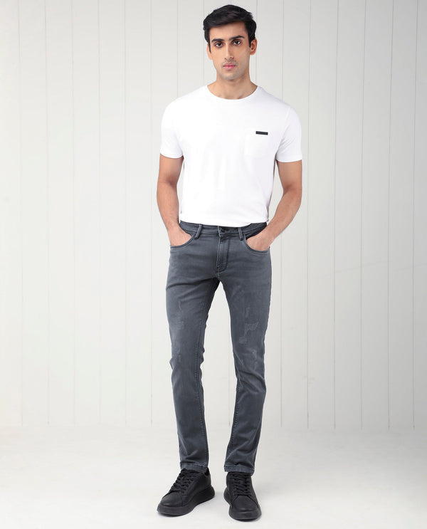 Rare Rabbit Men's Velles Dark Grey Mid Wash Mid-Rise Slim Fit Jeans