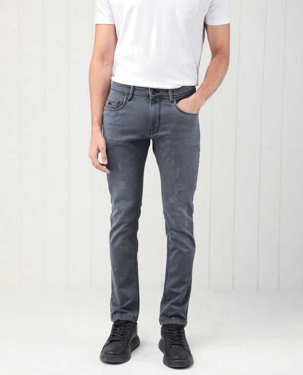 Rare Rabbit Men's Velles Dark Grey Mid Wash Mid-Rise Slim Fit Jeans
