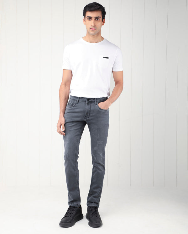 Rare Rabbit Men's Velles Dark Grey Mid Wash Mid-Rise Slim Fit Jeans