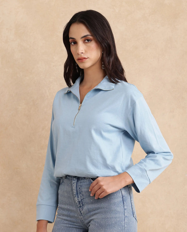 Rareism Women Velma Light Blue Full Sleeve Collared Neck Zipper Closure Relaxed Fit Cropped Plain Top