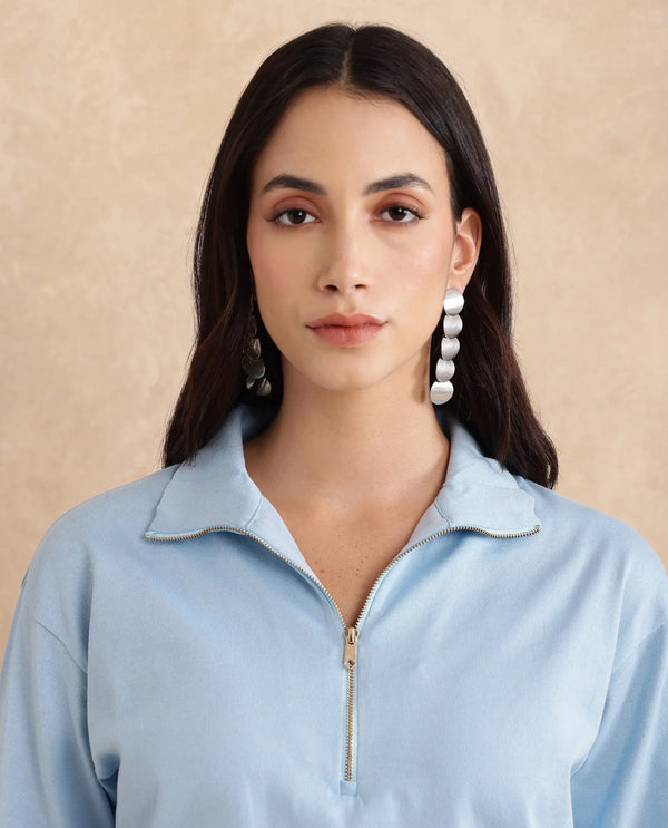 Rareism Women Velma Light Blue Full Sleeve Collared Neck Zipper Closure Relaxed Fit Cropped Plain Top