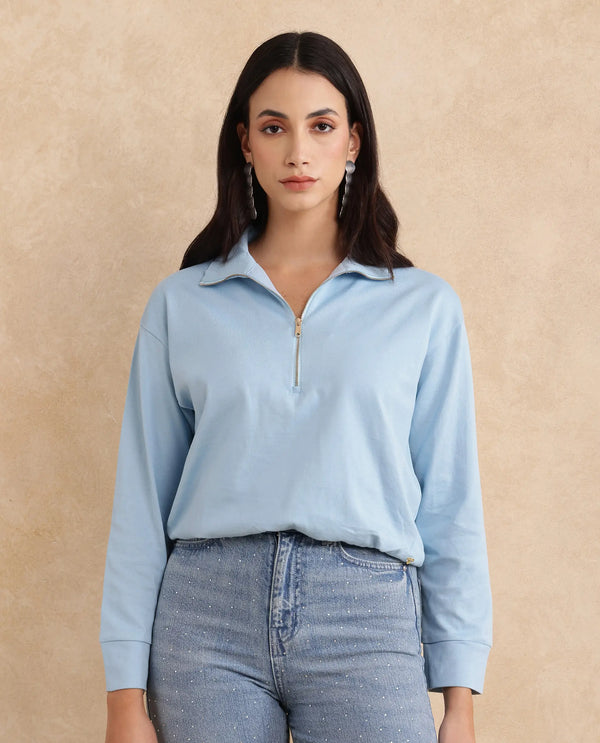 Rareism Women Velma Light Blue Full Sleeve Collared Neck Zipper Closure Relaxed Fit Cropped Plain Top