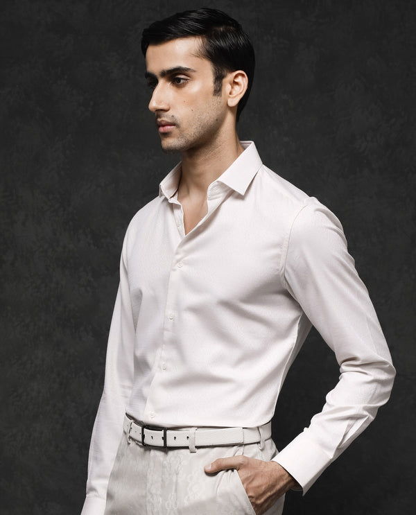 Rare Rabbit Mens Veloc Off White Cotton Fabric Full Sleeve Regular Fit Dobby Textured Shirt