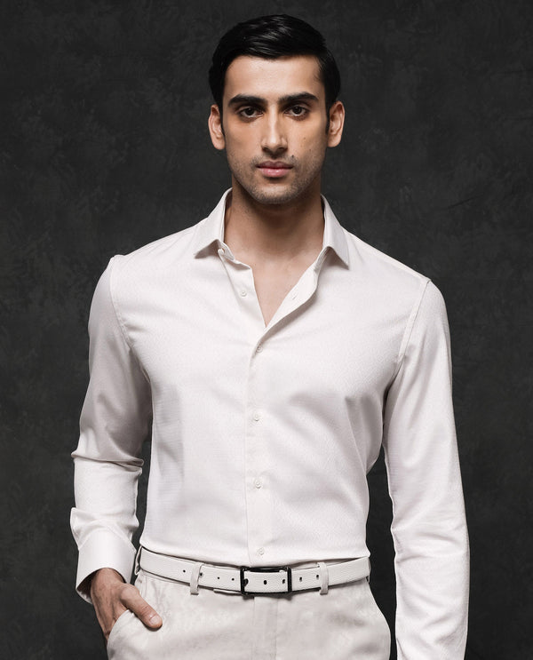 Rare Rabbit Mens Veloc Off White Cotton Fabric Full Sleeve Regular Fit Dobby Textured Shirt