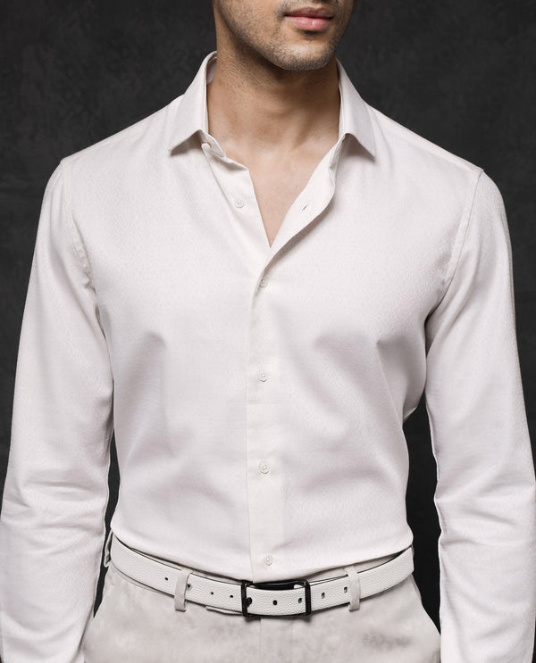 Rare Rabbit Mens Veloc Off White Cotton Fabric Full Sleeve Regular Fit Dobby Textured Shirt