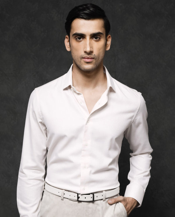 Rare Rabbit Mens Veloc Off White Cotton Fabric Full Sleeve Regular Fit Dobby Textured Shirt