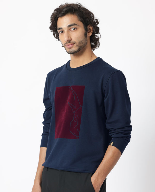 Rare Rabbit Mens Velot Navy Sweatshirt Cotton Polyester Terry Fabric Round Neck Knitted Full Sleeves Comfortable Fit