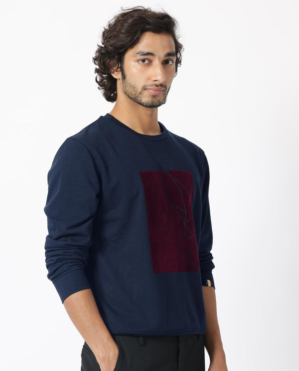 Rare Rabbit Mens Velot Navy Sweatshirt Cotton Polyester Terry Fabric Round Neck Knitted Full Sleeves Comfortable Fit