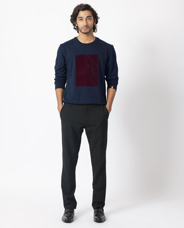 Rare Rabbit Mens Velot Navy Sweatshirt Cotton Polyester Terry Fabric Round Neck Knitted Full Sleeves Comfortable Fit