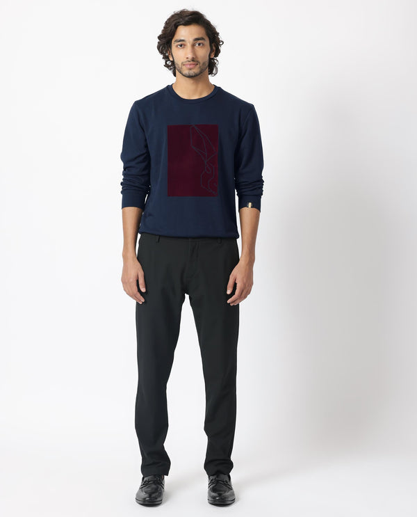 Rare Rabbit Mens Velot Navy Sweatshirt Cotton Polyester Terry Fabric Round Neck Knitted Full Sleeves Comfortable Fit