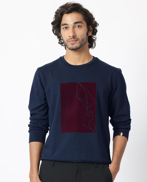 Rare Rabbit Mens Velot Navy Sweatshirt Cotton Polyester Terry Fabric Round Neck Knitted Full Sleeves Comfortable Fit