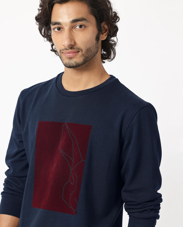 Rare Rabbit Mens Velot Navy Sweatshirt Cotton Polyester Terry Fabric Round Neck Knitted Full Sleeves Comfortable Fit