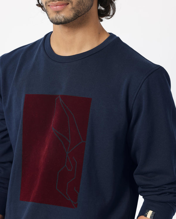Rare Rabbit Mens Velot Navy Sweatshirt Cotton Polyester Terry Fabric Round Neck Knitted Full Sleeves Comfortable Fit