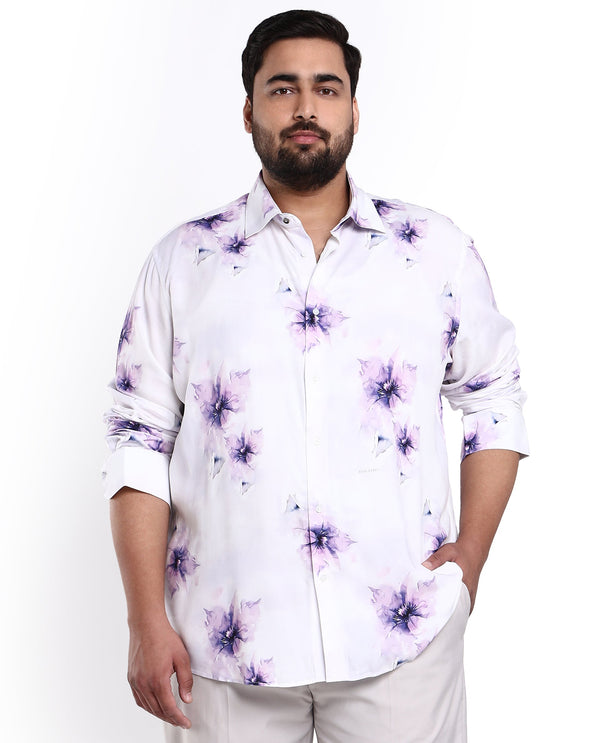 Rare Rabbit Men's Vendar White Viscose Fabric Floral Print Full Sleeves Shirt Plus Size