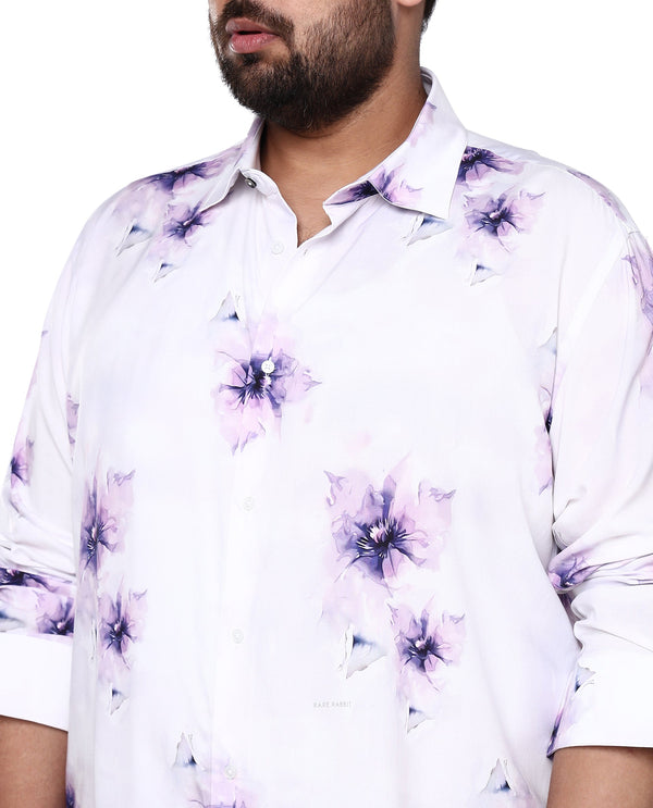 Rare Rabbit Men's Vendar White Viscose Fabric Floral Print Full Sleeves Shirt Plus Size
