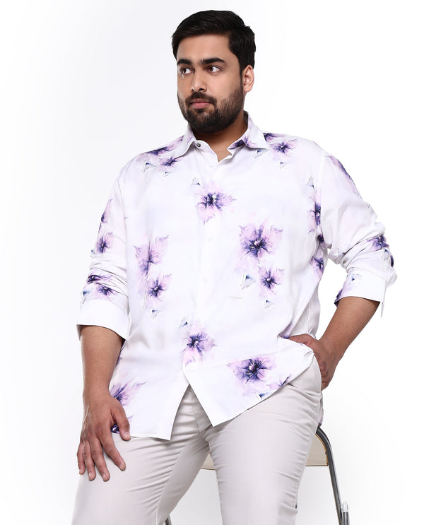 Rare Rabbit Men's Vendar White Viscose Fabric Floral Print Full Sleeves Shirt Plus Size