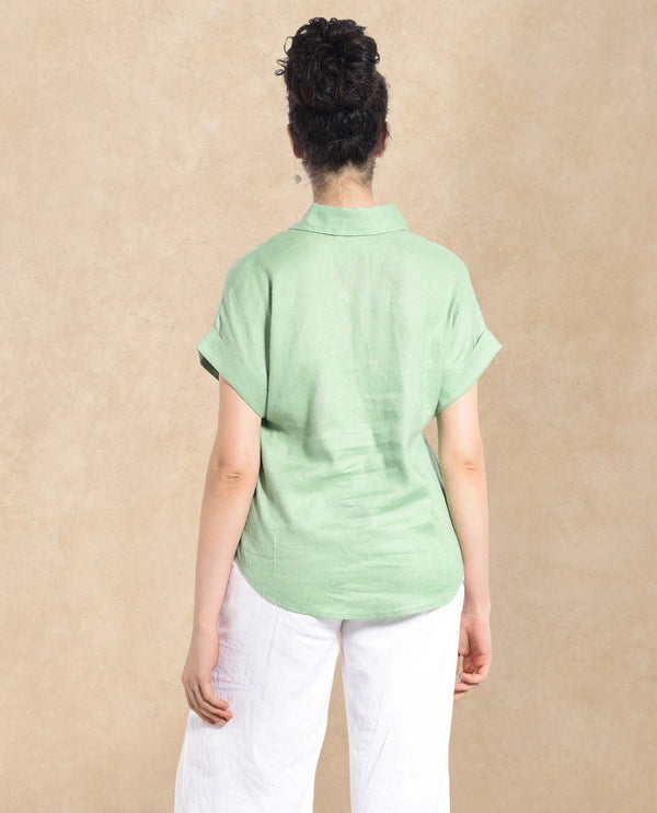 Rareism Women Venezuela Pastel Green Cotton Linen Fabric Collared Neck Solid Boxy Fit Shirt