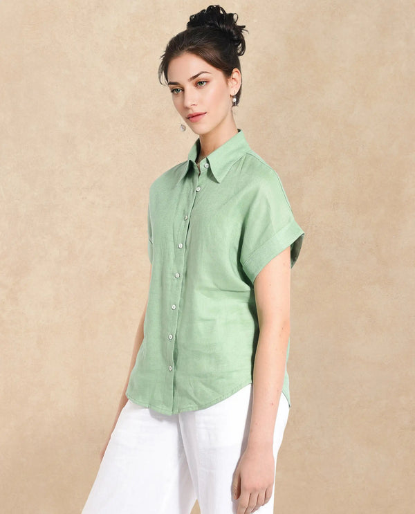 Rareism Women Venezuela Pastel Green Cotton Linen Fabric Collared Neck Solid Boxy Fit Shirt