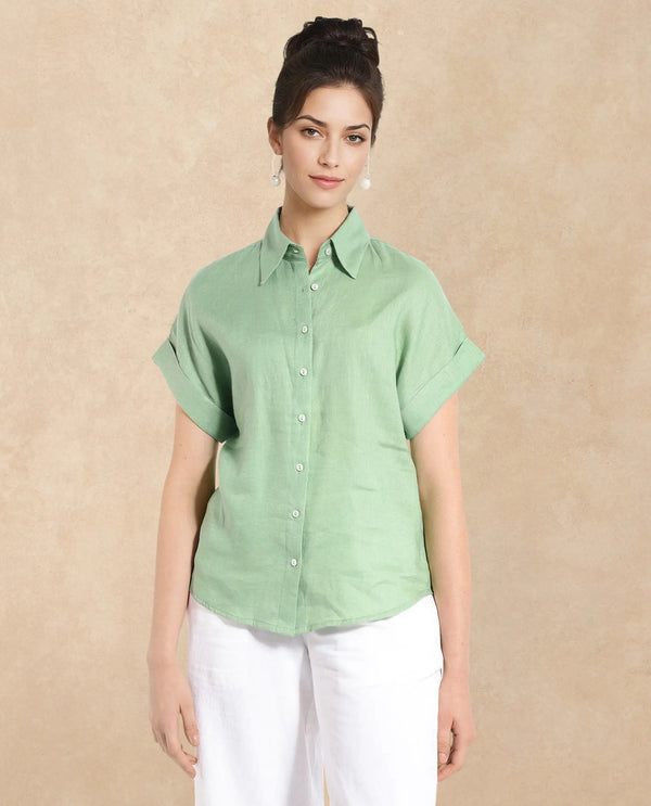 Rareism Women Venezuela Pastel Green Cotton Linen Fabric Collared Neck Solid Boxy Fit Shirt