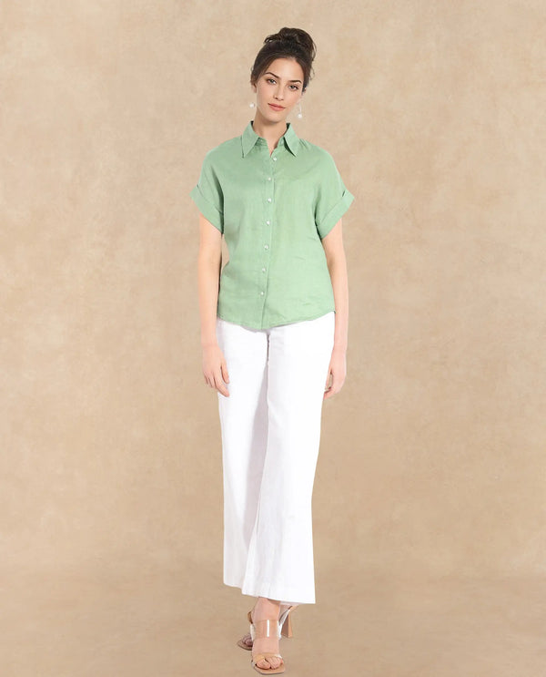 Rareism Women Venezuela Pastel Green Cotton Linen Fabric Collared Neck Solid Boxy Fit Shirt