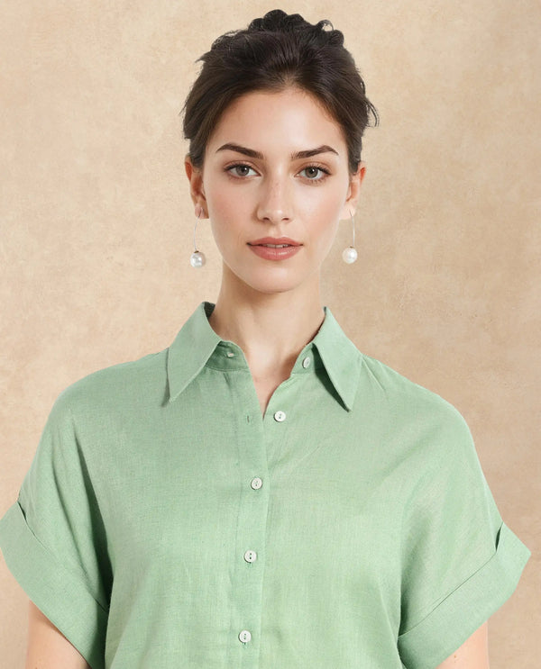 Rareism Women Venezuela Pastel Green Cotton Linen Fabric Collared Neck Solid Boxy Fit Shirt
