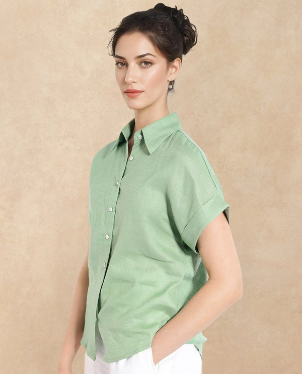 Rareism Women Venezuela Pastel Green Cotton Linen Fabric Collared Neck Solid Boxy Fit Shirt
