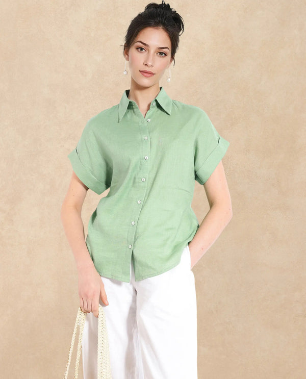 Rareism Women Venezuela Pastel Green Cotton Linen Fabric Collared Neck Solid Boxy Fit Shirt