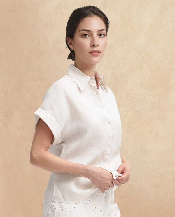 Rareism Women Venezuela Beige Cotton Linen Fabric Collared Neck Solid Boxy Fit Shirt