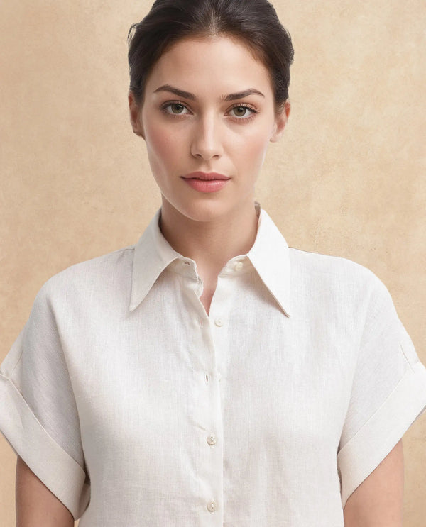 Rareism Women Venezuela Beige Cotton Linen Fabric Collared Neck Solid Boxy Fit Shirt