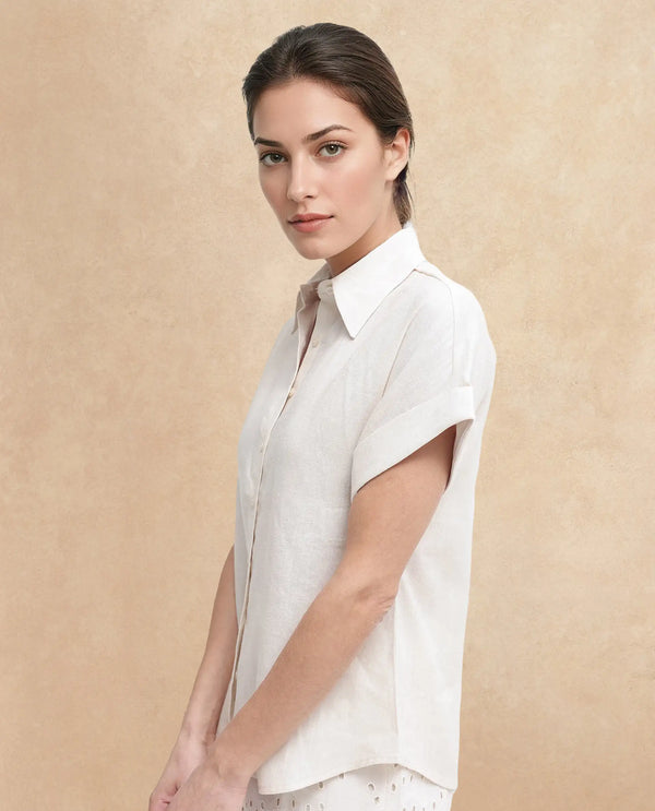 Rareism Women Venezuela Beige Cotton Linen Fabric Collared Neck Solid Boxy Fit Shirt