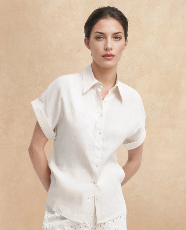 Rareism Women Venezuela Beige Cotton Linen Fabric Collared Neck Solid Boxy Fit Shirt