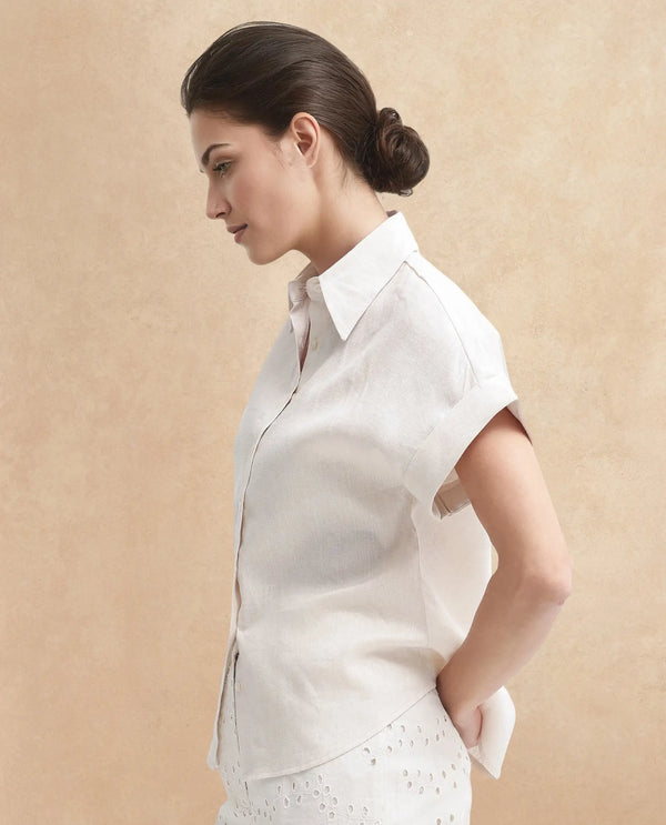 Rareism Women Venezuela Beige Cotton Linen Fabric Collared Neck Solid Boxy Fit Shirt