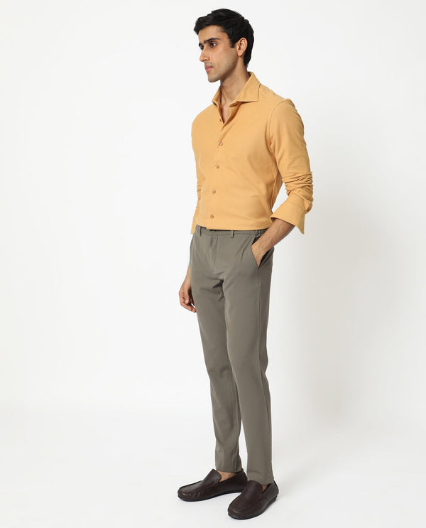 Rare Rabbit Men's Venziya Dark Yellow Cotton Knitted Fabric Full Sleeves Solid Shirt