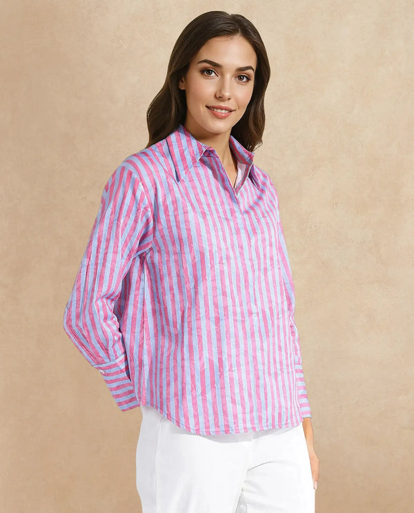 Rareism Women Venice Pink Cuffed Sleeve Collared Neck Button Closure Narrow Stripes Shirt