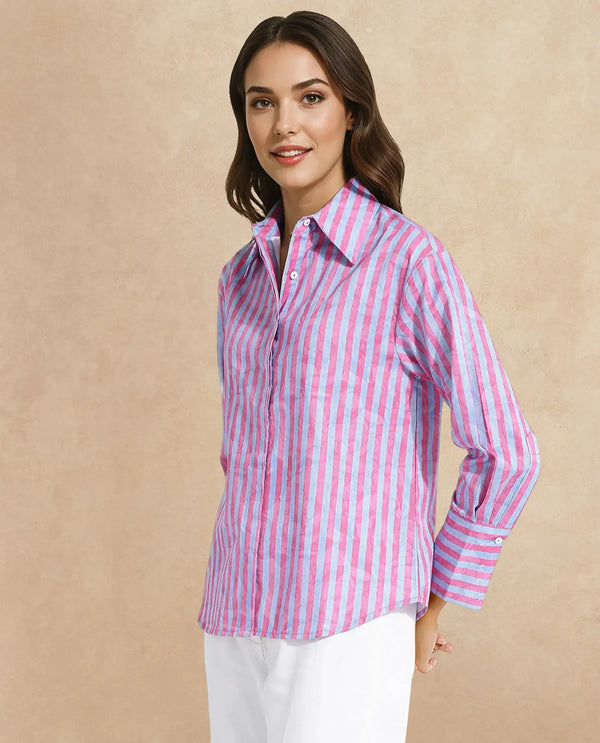 Rareism Women Venice Pink Cuffed Sleeve Collared Neck Button Closure Narrow Stripes Shirt