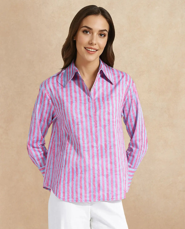 Rareism Women Venice Pink Cuffed Sleeve Collared Neck Button Closure Narrow Stripes Shirt