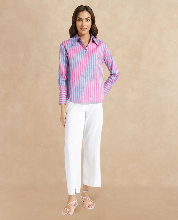 Rareism Women Venice Pink Cuffed Sleeve Collared Neck Button Closure Narrow Stripes Shirt