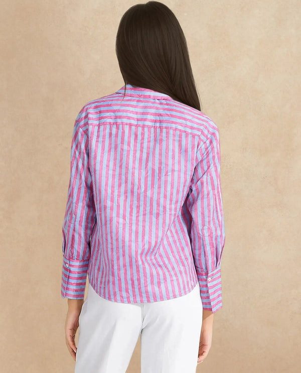 Rareism Women Venice Pink Cuffed Sleeve Collared Neck Button Closure Narrow Stripes Shirt