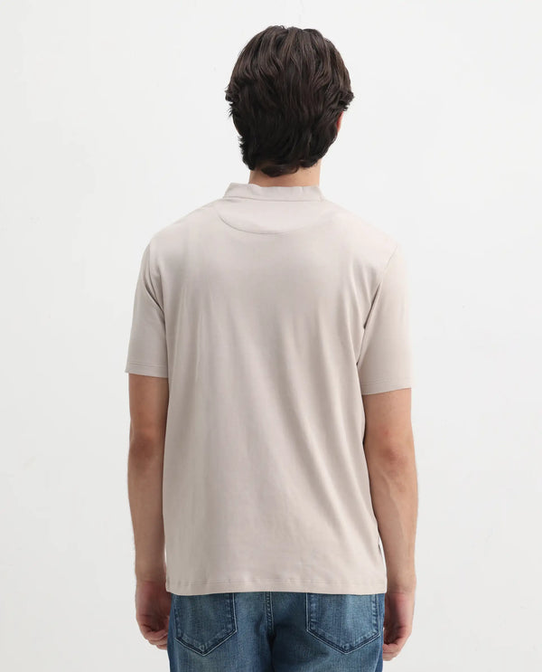 Rare Rabbit Men Veno Light Beige Cotton Blend Fabric Short Sleeve Mandarin Collar Plain Polo