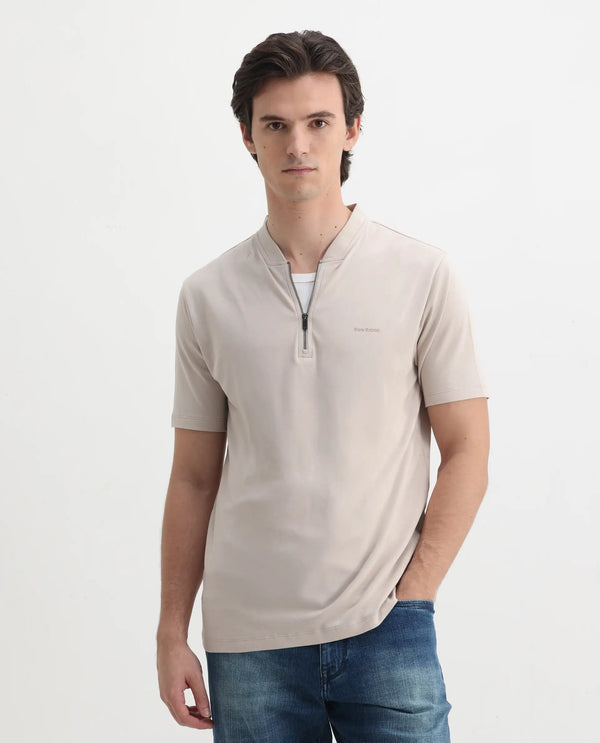 Rare Rabbit Men Veno Light Beige Cotton Blend Fabric Short Sleeve Mandarin Collar Plain Polo