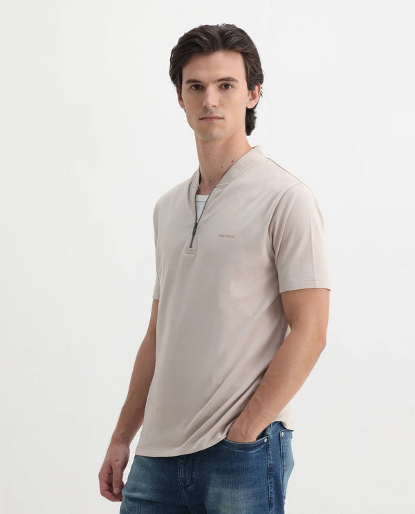 Rare Rabbit Men Veno Light Beige Cotton Blend Fabric Short Sleeve Mandarin Collar Plain Polo