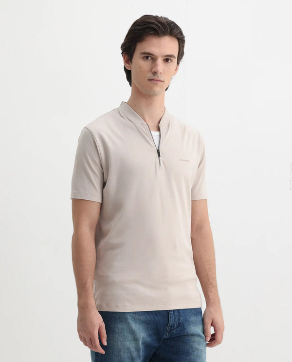 Rare Rabbit Men Veno Light Beige Cotton Blend Fabric Short Sleeve Mandarin Collar Plain Polo