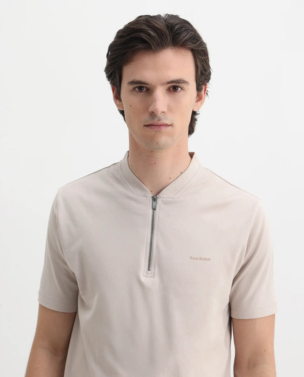 Rare Rabbit Men Veno Light Beige Cotton Blend Fabric Short Sleeve Mandarin Collar Plain Polo