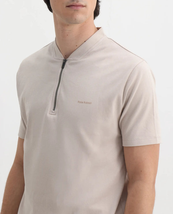 Rare Rabbit Men Veno Light Beige Cotton Blend Fabric Short Sleeve Mandarin Collar Plain Polo